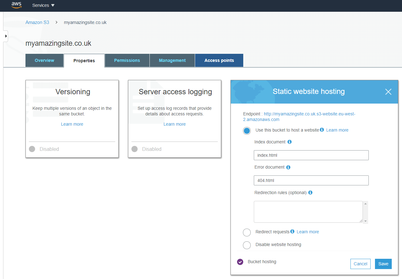 AWS S3 Bucket Static Hosting Settings